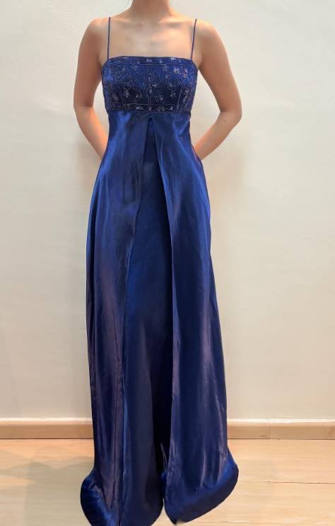 Glam Sheath Navy Blue Long Prom Dresses Spaghetti Straps Navy Blue Formal Dresses Beaded Satin Sleeveless Evening Dresses ED05473