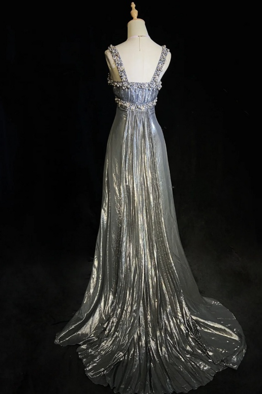 Chic A-Line Silver Grey Long Prom Dresses Straps Silver Grey Formal Dresses Beaded Satin Evening Dresses ED05476