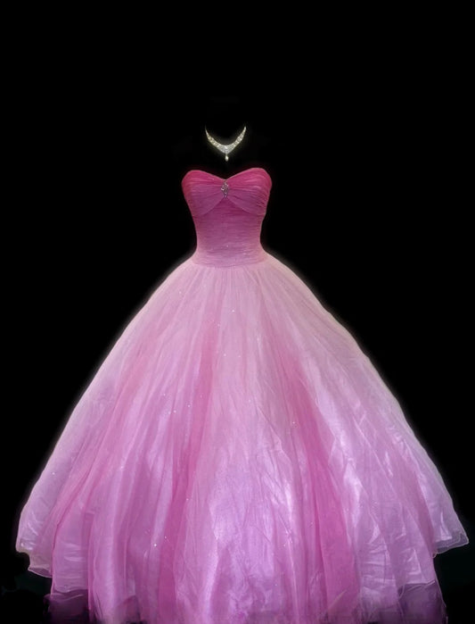 Fairy A-Line Pink Long Prom Dresses Sweetheart Pink Formal Dresses Tulle Sleeveless Evening Dresses ED05477