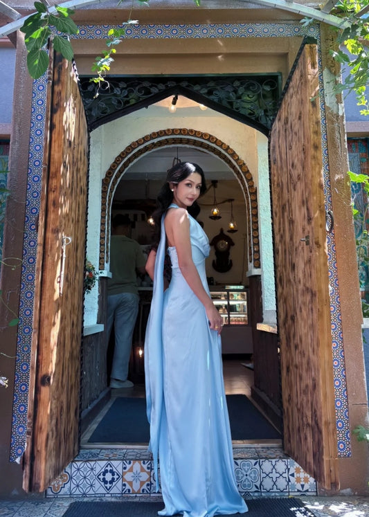 Elegant Sheath Blue Bridesmaid Dresses Satin V-neck Evening Dresses ED05479