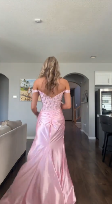 Sexy Sheath Pink Long Prom Dresses Satin Off-shoulder Evening Dresses Pink Party Dresses ED05488