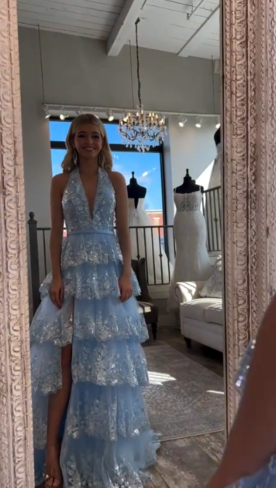 Sparkly A-Line Blue Long Prom Dresses Tiered Tulle Halter Evening Dresses Blue Party Dresses ED05489