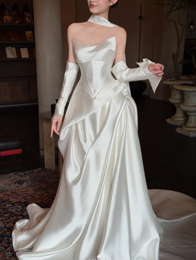 Timeless Strapless A-Line Long Wedding Dresses Satin White Bridal Gowns Sleeveless Bridal Dresses ED05496