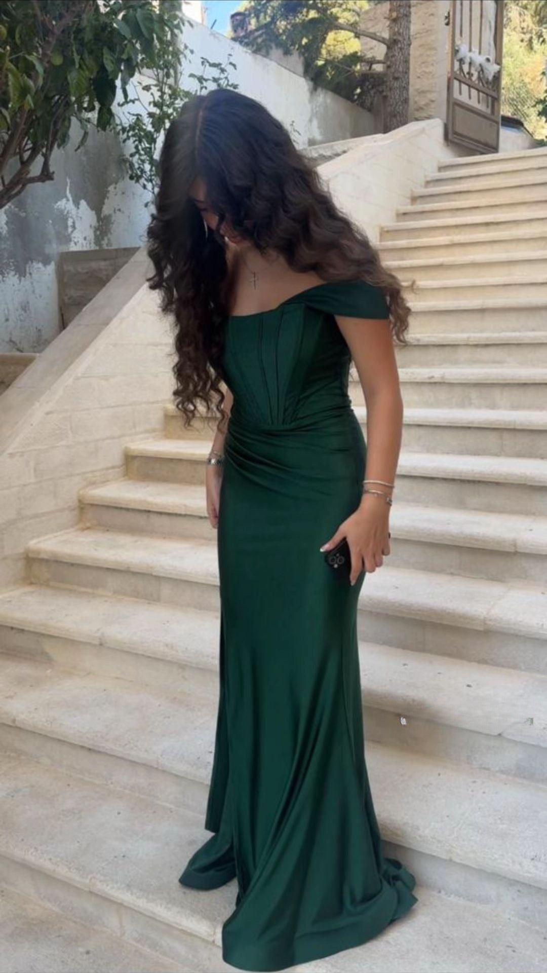Elegant Sheath Dark Green Long Prom Dresses Off-shulder Satin Dark Green Evening Dresses ED05498
