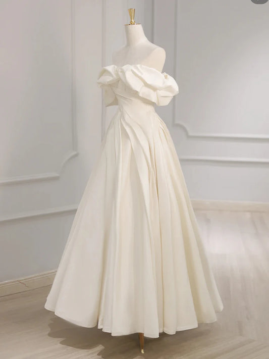 Off Shoulder A-Line Satin Beige Long Prom Dress, Beige Long Formal Dress ED055