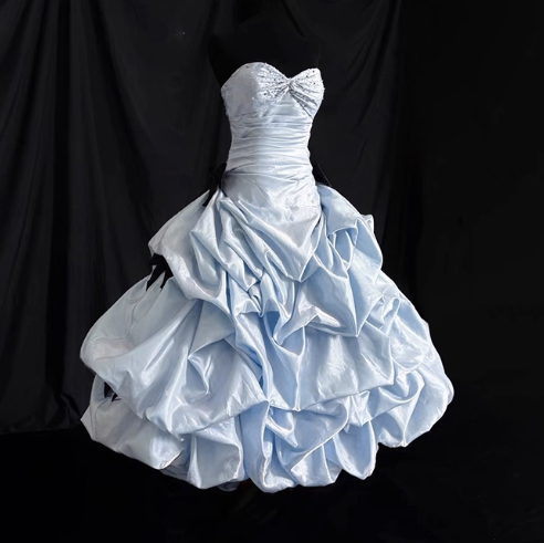 Cute Strapless Ball Gown Short Prom Dresses Satin Bow Sleeveless Birthday Dresses Blue Party Dresses ED05502