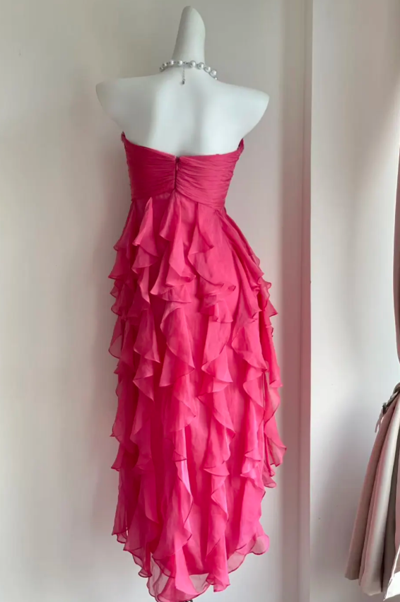 Vintage Sheath Short Prom Dresses Chiffon Formal Dresses Strapless Pink Birthday Dresses ED05506