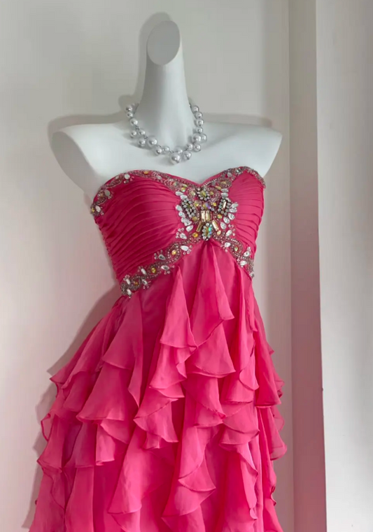 Vintage Sheath Short Prom Dresses Chiffon Formal Dresses Strapless Pink Birthday Dresses ED05506