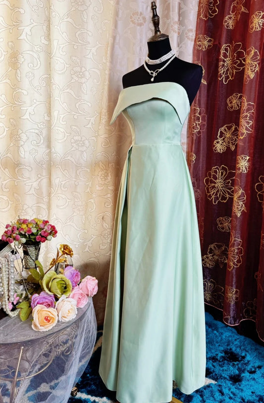 Simple Sheath Strapless Long Evening Dresses Satin Green Bridesmaid Dresses ED05521