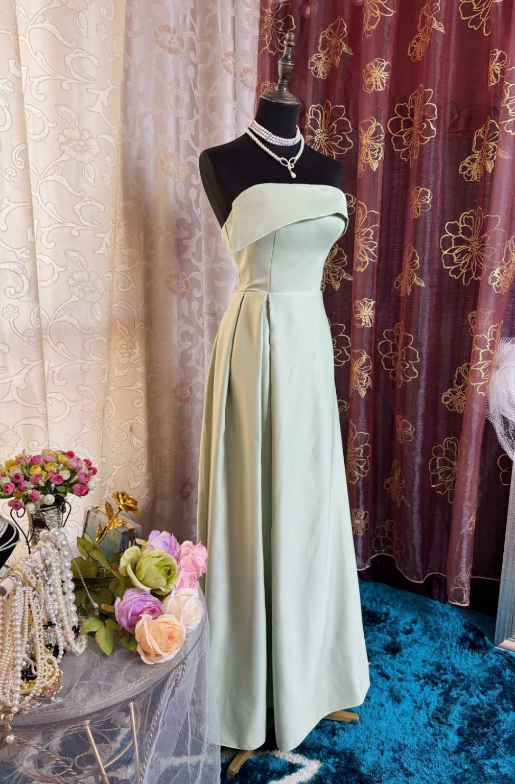 Simple Sheath Strapless Long Evening Dresses Satin Green Bridesmaid Dresses ED05521