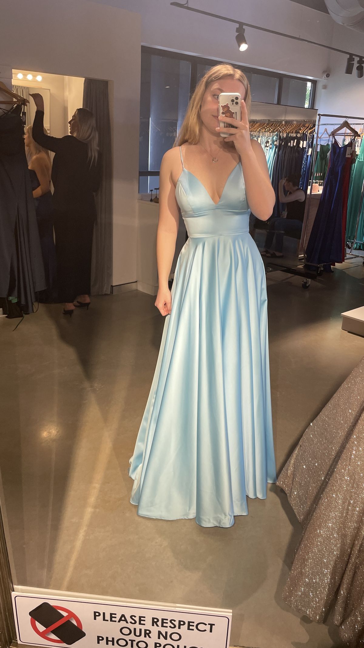 Chic Sheath Spaghetti Straps Long Evening Dresses Satin Pale Blue Bridesmaid Dresses ED05524