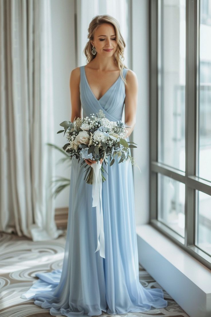 Chic V-neck Sheath Long Evening Dresses Chiffon Blue Bridesmaid Dresses ED05527