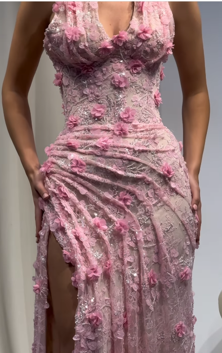 Glam Pink Sheath Long Prom Dresses with Slits Lace Beaded Appliques Evening Dresses ED05528