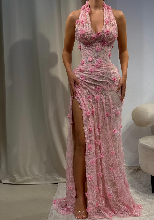 Glam Pink Sheath Long Prom Dresses with Slits Lace Beaded Appliques Evening Dresses ED05528