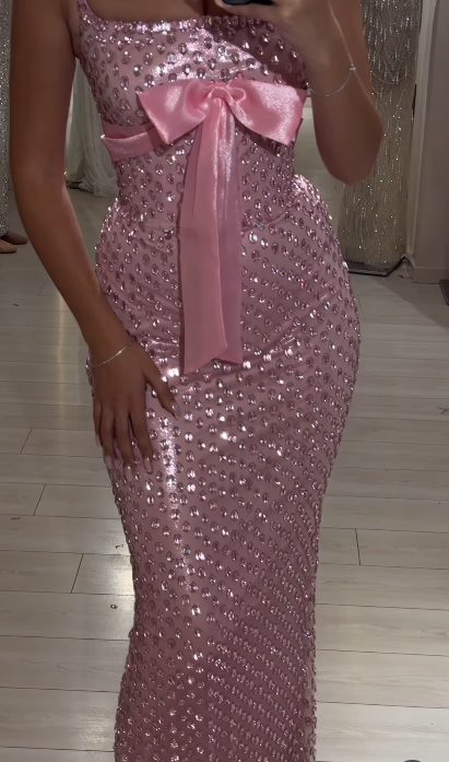 Glam Pink Sheath Long Prom Dresses Diamonds Satin Sleeveless Pink Evening Dresses ED05529