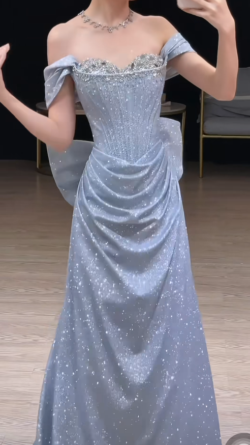 Glitter Off-shoulder A-Line Long Prom Dresses Satin Blue Evening Dresses Sleeveless Party Dresses ED05534