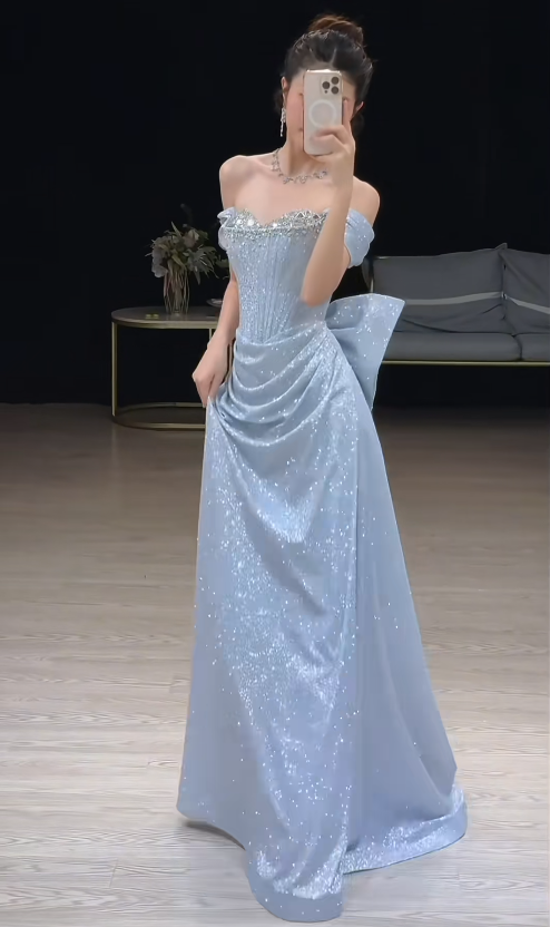 Glitter Off-shoulder A-Line Long Prom Dresses Satin Blue Evening Dresses Sleeveless Party Dresses ED05534