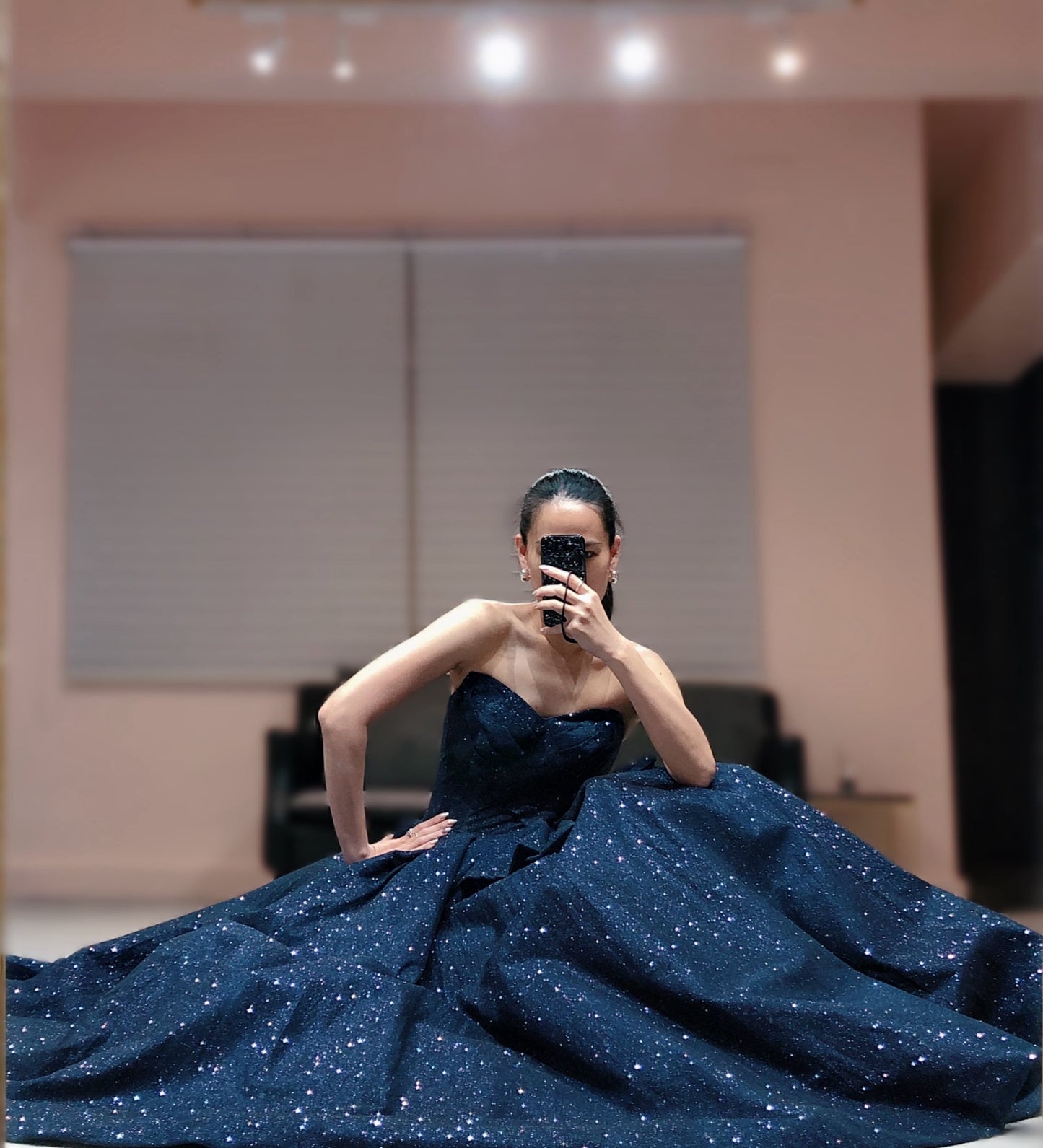 Simple Strapless A-Line Long Evening Dresses Glitter Satin Navy Blue Prom Dresses Sleeveless Birthday Dresses ED05539