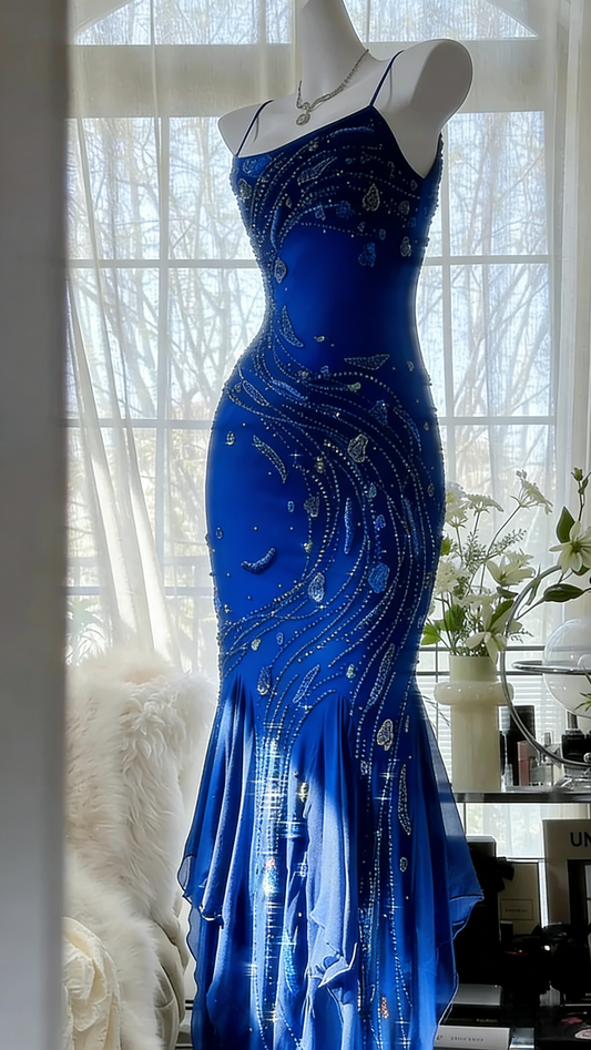 Gorgeous Spaghetti Straps Sheath Long Prom Dresses Chiffon Beaded Royal Blue Evening Gowns Sleeveless Formal Dresses ED05546