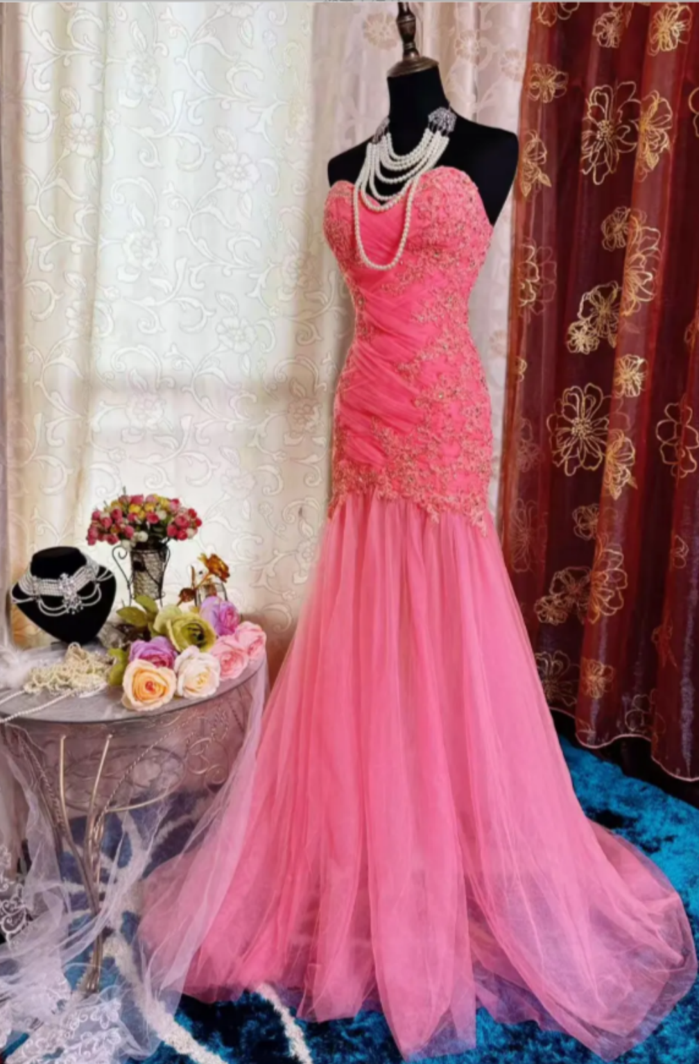 Gorgeous Sweetheart Mermaid Long Prom Dresses Tulle Applique Pink Evening Gowns Sleeveless Birthday Dresses ED05547