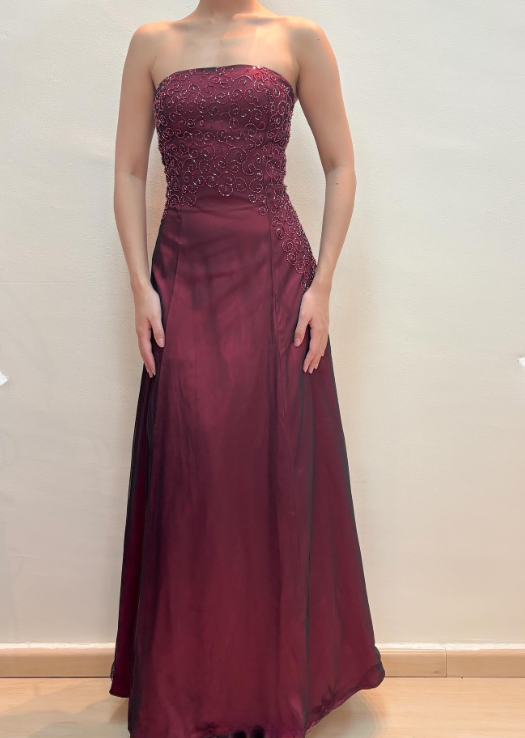 Vintage Spaghetti Straps A-Line Long Prom Dresses Tulle Beaded Burgundy Evening Gowns ED05549