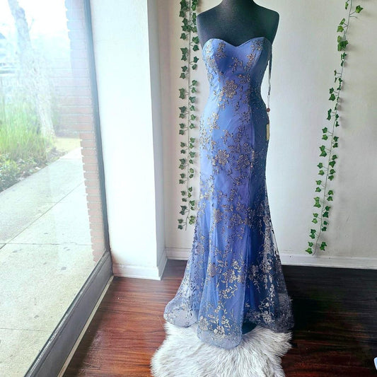 Glam Strapless Sheath Long Prom Dresses Glitter Tulle Blue Evening Gowns Sleeveless Birthday Dresses ED05555