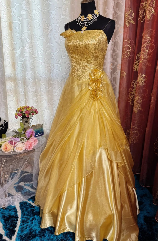 Gorgeous Spaghetti Straps A-Line Long Prom Dresses Satin Gold Quinceanera Dresses Sleeveless Gold Sweet 16 Dresses ED05559