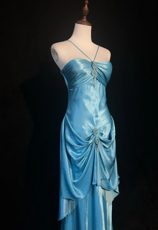 Chic Halter Sheath Short Prom Dresses Satin Blue Evening Gowns Sleeveless Formal Dresses ED05577