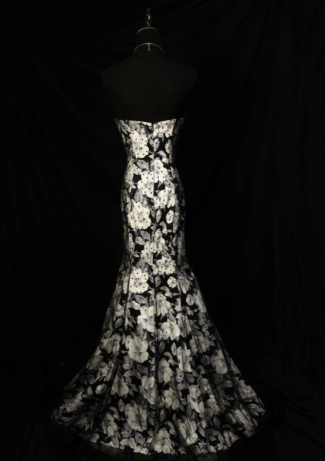 Elegant Strapless Mermaid Long Prom Dresses Satin Floral Evening Dresses ED05585