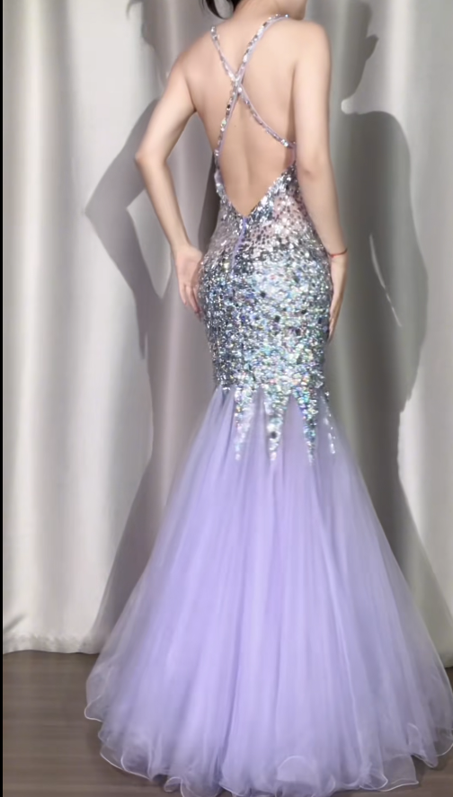 Gorgeous Spaghetti Straps Mermaid Long Prom Dresses Tulle Sequins Purple Evening Gowns Backless Formal Dresses ED05590