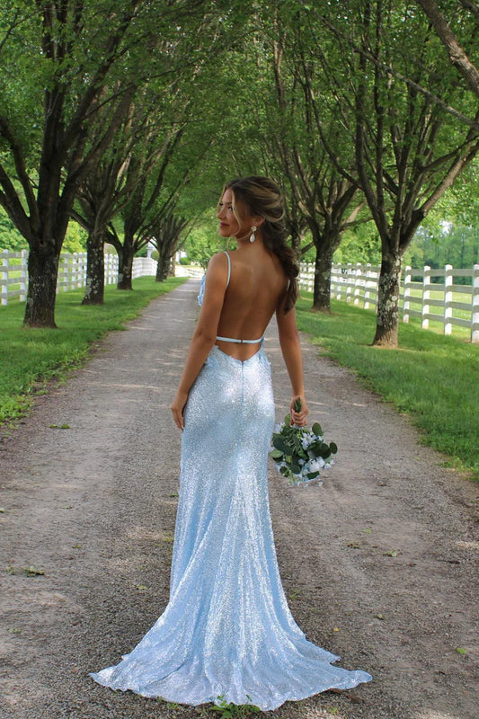 Glitter Spaghetti Straps Sheath Blue Long Prom Dresses with Slit, Sequins Evening Gowns Backless Blue Birthday Dresses ED05595