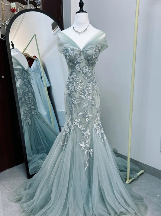 Glitter Off-shoulder Mermaid Tiffany Blue Long Prom Dresses, Tulle Appliques Tiffany Blue Evening Gowns ED05596