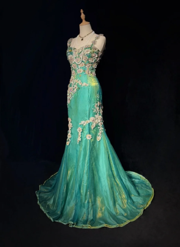 Chic Straps Mermaid Long Prom Dresses, Tulle Appliques Green Evening Gowns ED05597
