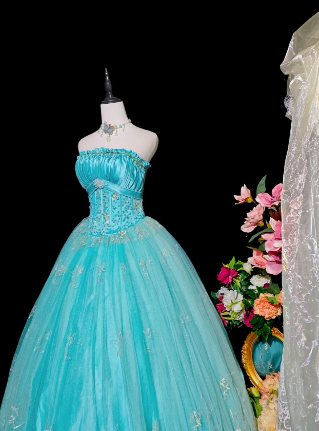 Cute Strapless Ball Gown Blue Long Prom Dresses Tulle Appliques Quinceanera Dresses Blue Sweet 16 Dresses ED05615