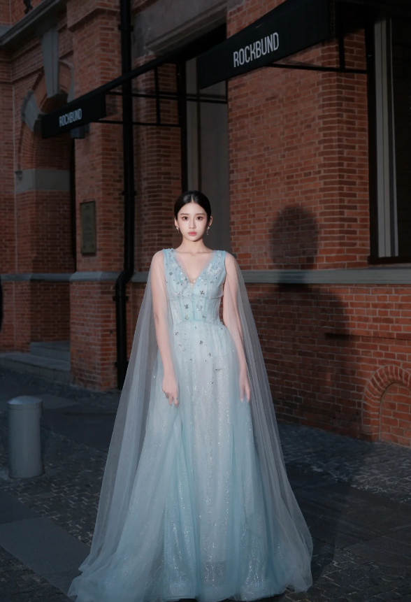 Sparkly V-neck A-Line Long Prom Dresses Tulle Beaded Pale Blue Formal Dresses ED05617