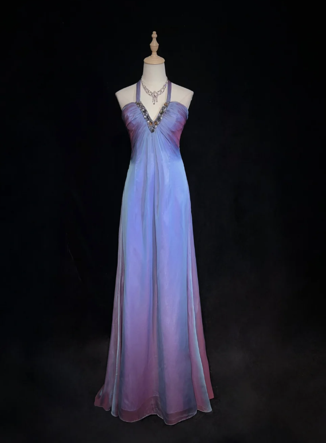 Gorgeous Halter Sheath Long Prom Dresses Tulle Purple Evening Dresses   EvaFashionDress