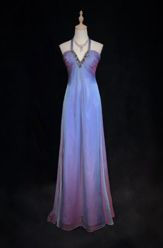 Gorgeous Halter Sheath Long Prom Dresses Tulle Purple Evening Dresses Sleeveless Purple Birthday Dresses ED05628