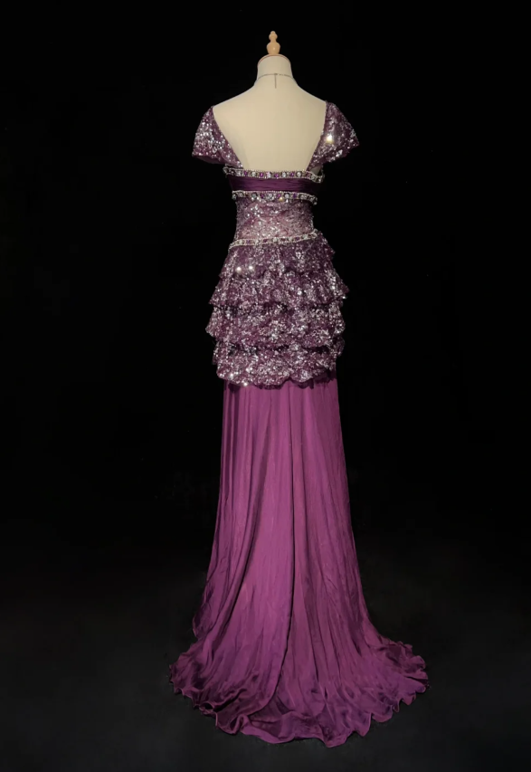 Gorgeous Sheath Long Prom Dresses Sequins Chiffon Purple Evening Dresses Short Sleeves Purple Birthday Dresses ED05629