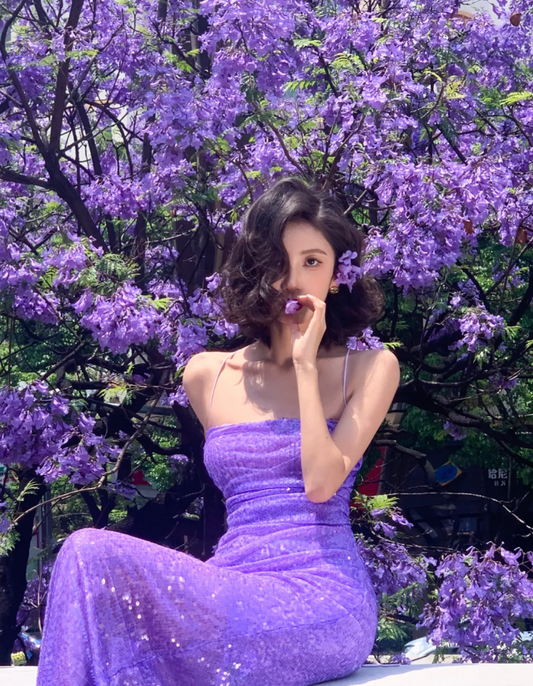 Sexy Spaghetti Straps Sheath Long Prom Dresses Sequins Purple Evening Dresses Sleeveless Purple Birthday Dresses ED05637