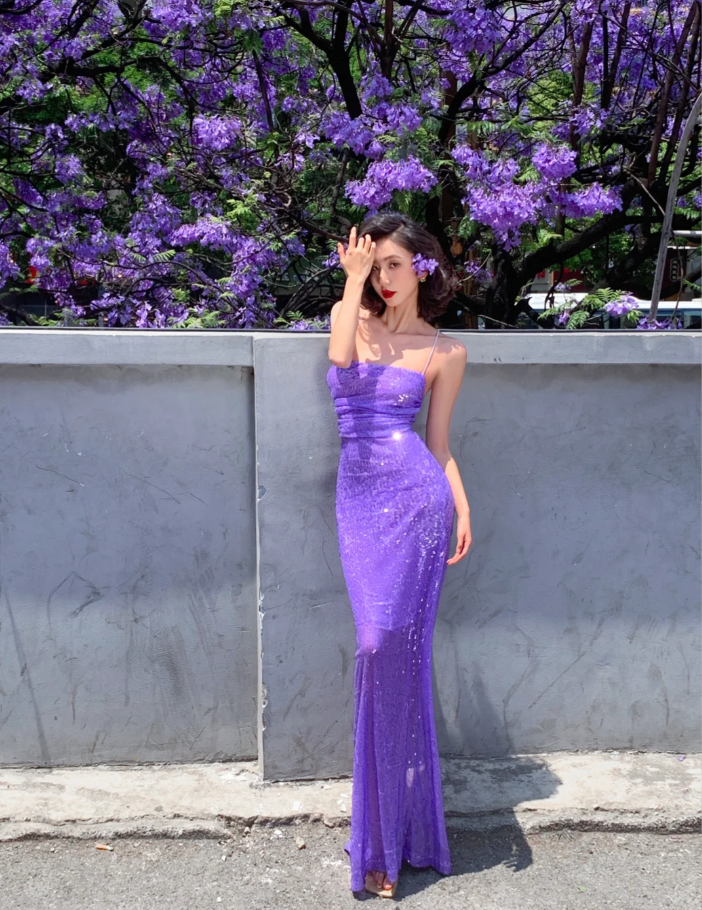 Sexy Spaghetti Straps Sheath Long Prom Dresses Sequins Purple Evening Dresses Sleeveless Purple Birthday Dresses ED05637