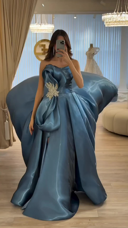 Glam Strapless A-line Long Prom Dresses Beaded Satin Teal Evening Dresses Satin Sleeveless Teal Christmas Dresses ED05641