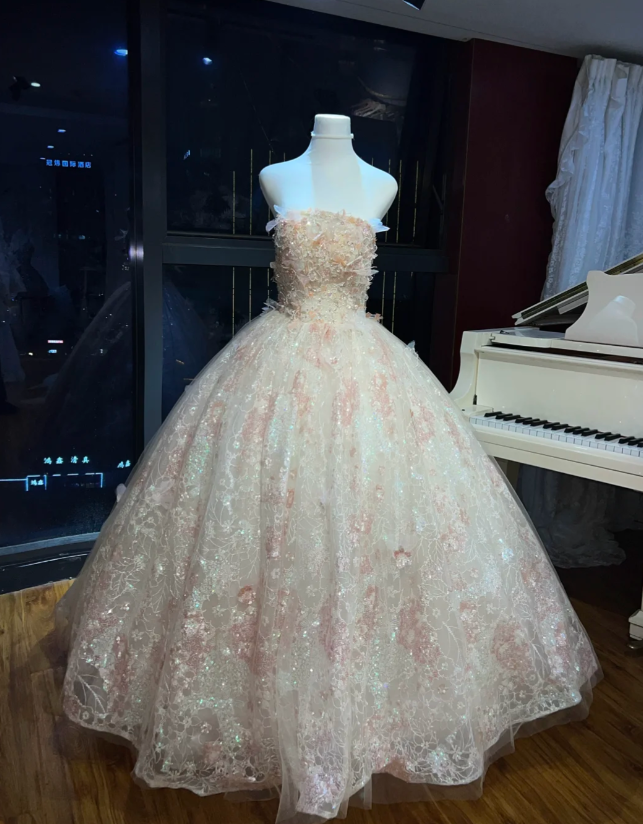 Gorgeous Strapless A-Line Long Prom Dresses Sequins Tulle Pink Birthday Dresses Sleeveless Pink Sweet 16 Dresses ED05651