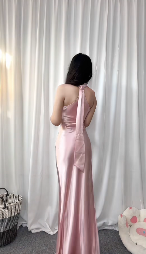 Chic Halter Sheath Long Prom Dresses Satin Pink Wedding Guest Dresses Pink Bridesmaid Dresses ED05658