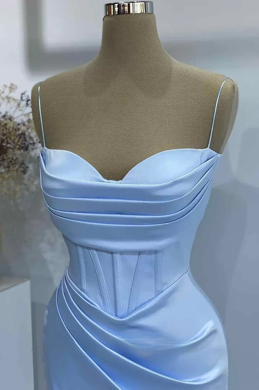 Simple Spaghetti Straps Sheath Long Prom Dresses Satin Blue Wedding Guest Dresses with Slit ED05661