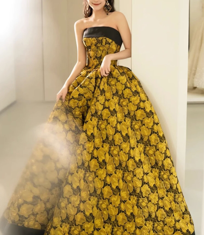 A-Line Yellow Satin Lace Long Prom Dress, Yellow Long Evening Dress ED0567