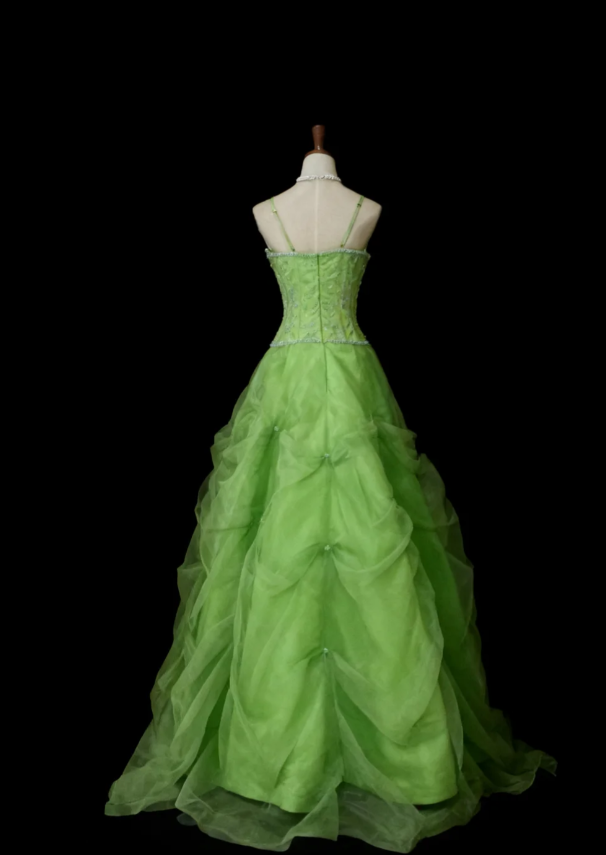 Fairy Spaghetti Straps A-Line Long Prom Dresses Tulle Green Evening Gowns Sleeveless Birthday Dresses ED05686