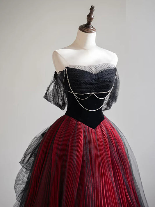 A-Line Off Shoulder Tulle Black/Burgundy Long Prom Dress ED0568