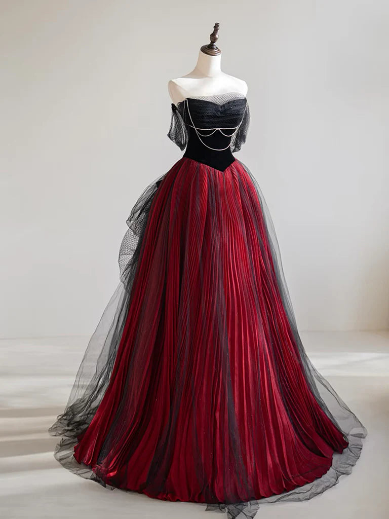 A-Line Off Shoulder Tulle Black/Burgundy Long Prom Dress ED0568
