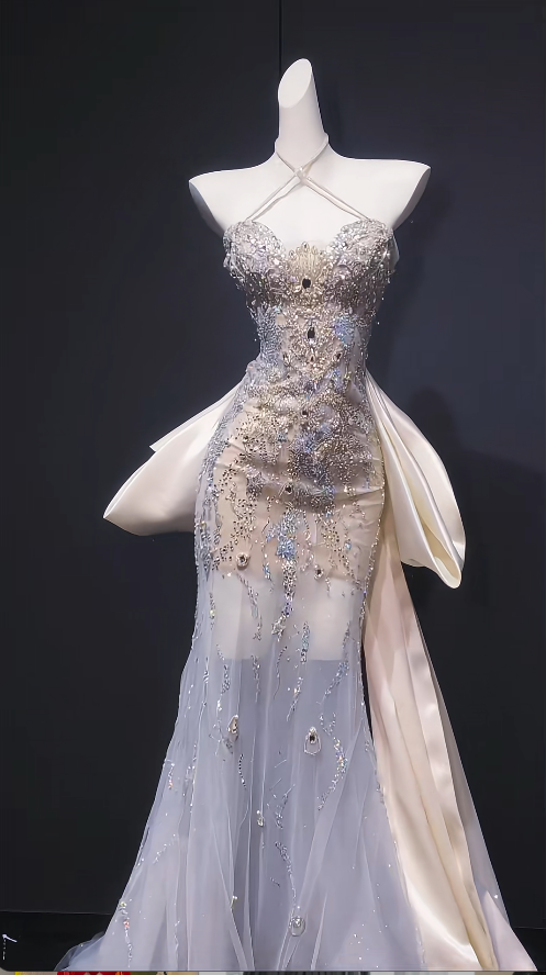 Gorgeous Halter Sheath Long Wedding Dresses Beaded Tulle Bridal Gowns ED05693