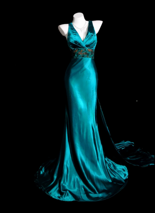 Glam V-neck Sheath Long Prom Dresses Satin Teal Evening Gowns Sleeveless Teal Christmas Dresses ED05695